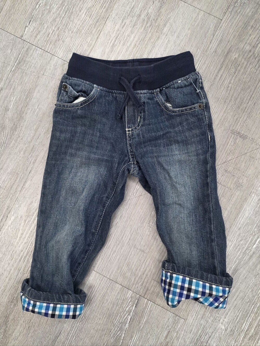 GYMBOREE Kids Dark Blue Denim Jogger Pants with Plaid Cuffs PERFECT SHAPE